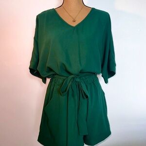 Green V-Neck Top and Shorts Set